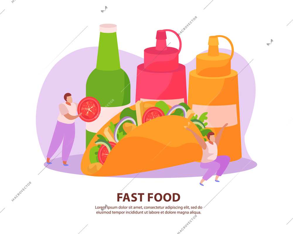 Flat background with fast food pita sauce drink and human characters vector illustration