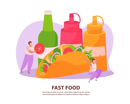 Flat background with fast food pita sauce drink and human characters vector illustration