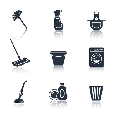 Cleaning washing housework black icons set of mop vacuum cleaner bucket isolated vector illustration