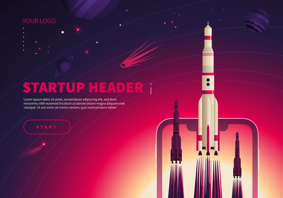 Space startup concept banner with clickable start button editable text stars and images of launching rockets vector illustration