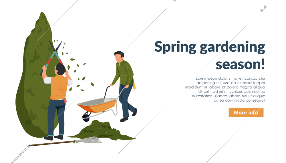 Spring gardening flat background with editable text more info button and characters of gardeners at work vector illustration