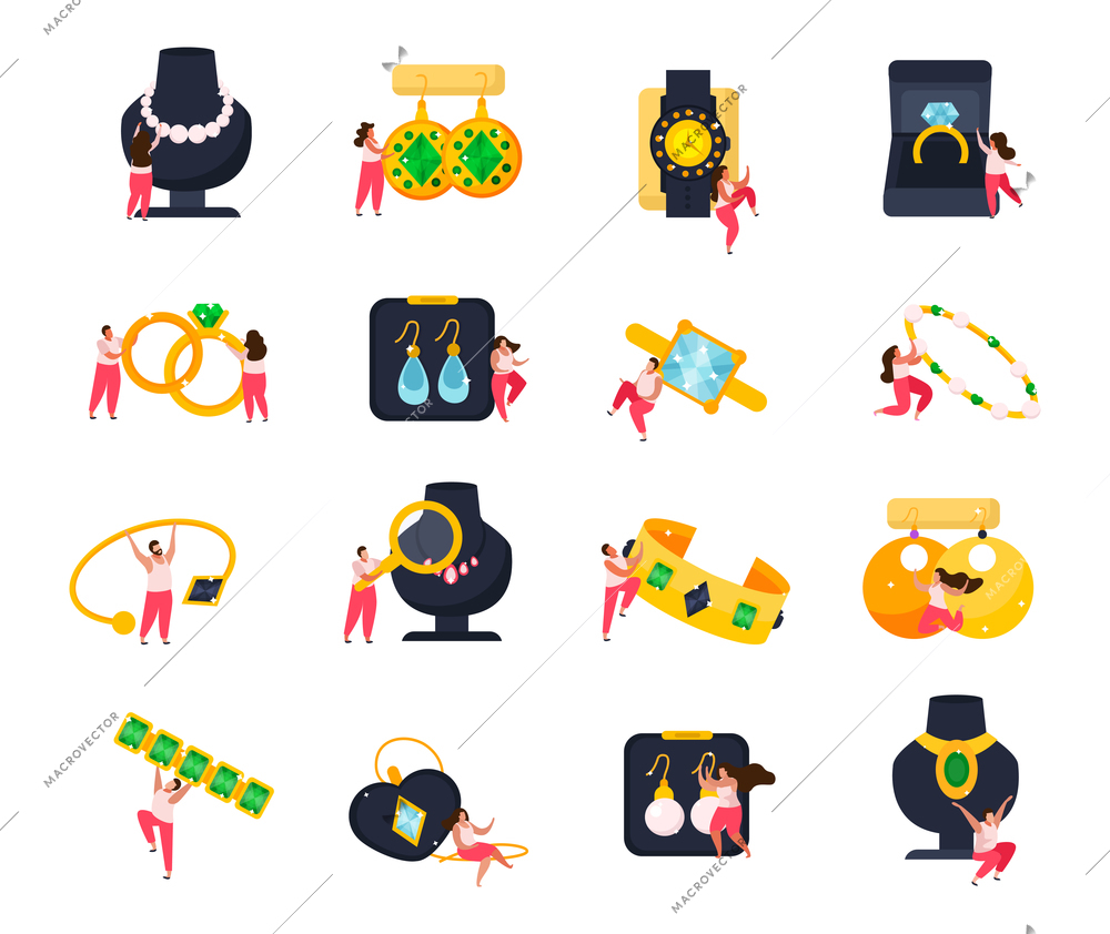 Jewelry flat icons set of doodle human characters with luxury and valuable items on blank background vector illustration