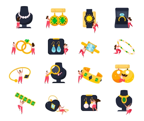 Jewelry flat icons set of doodle human characters with luxury and valuable items on blank background vector illustration