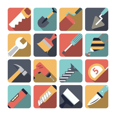 Home repair instruments pictograms set flat with shadow of paint brush and retractable knife isolated vector illustration