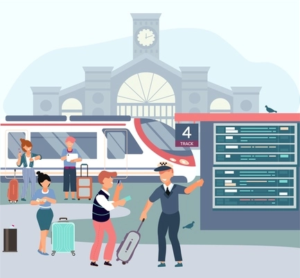 Railway station flat composition with building background platform with train passengers and information board electronic table vector illustration