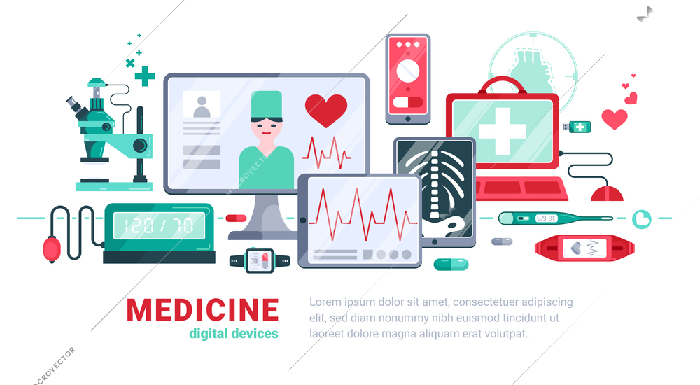 Flat digital medicine white background or banner with digital devices and tools vector illustration