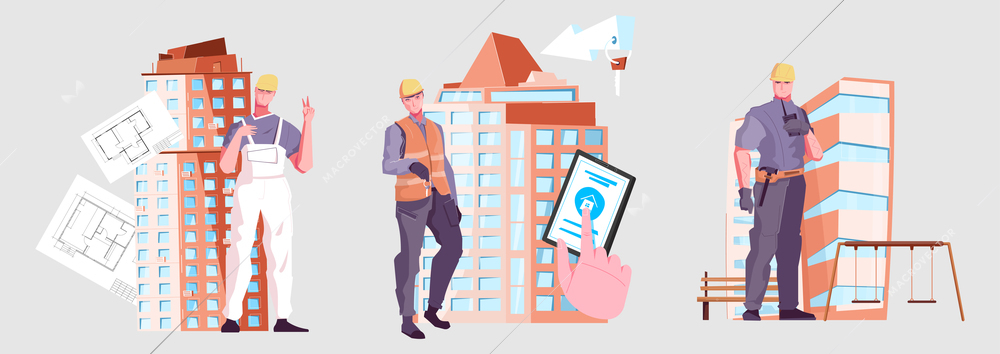 Colored flat new buildings composition three icons with foreman architect and builder vector illustration