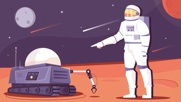 Robot space flat composition with extraterrestrial scenery and automated mars rover with astronaut character and stars vector illustration