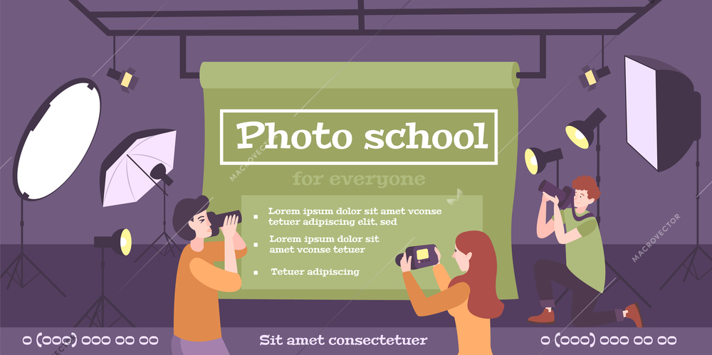 Photo school photography education horizontal banner with flat studio background professional equipment images and editable text vector illustration