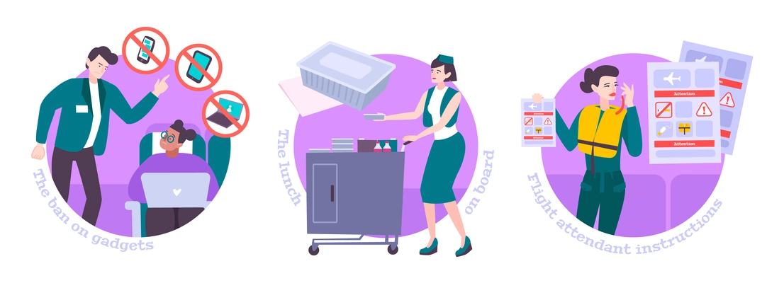 People in air flight flat compositions with stewardess delivering lunch in trolley for food and giving instructions to passengers isolated vector illustration