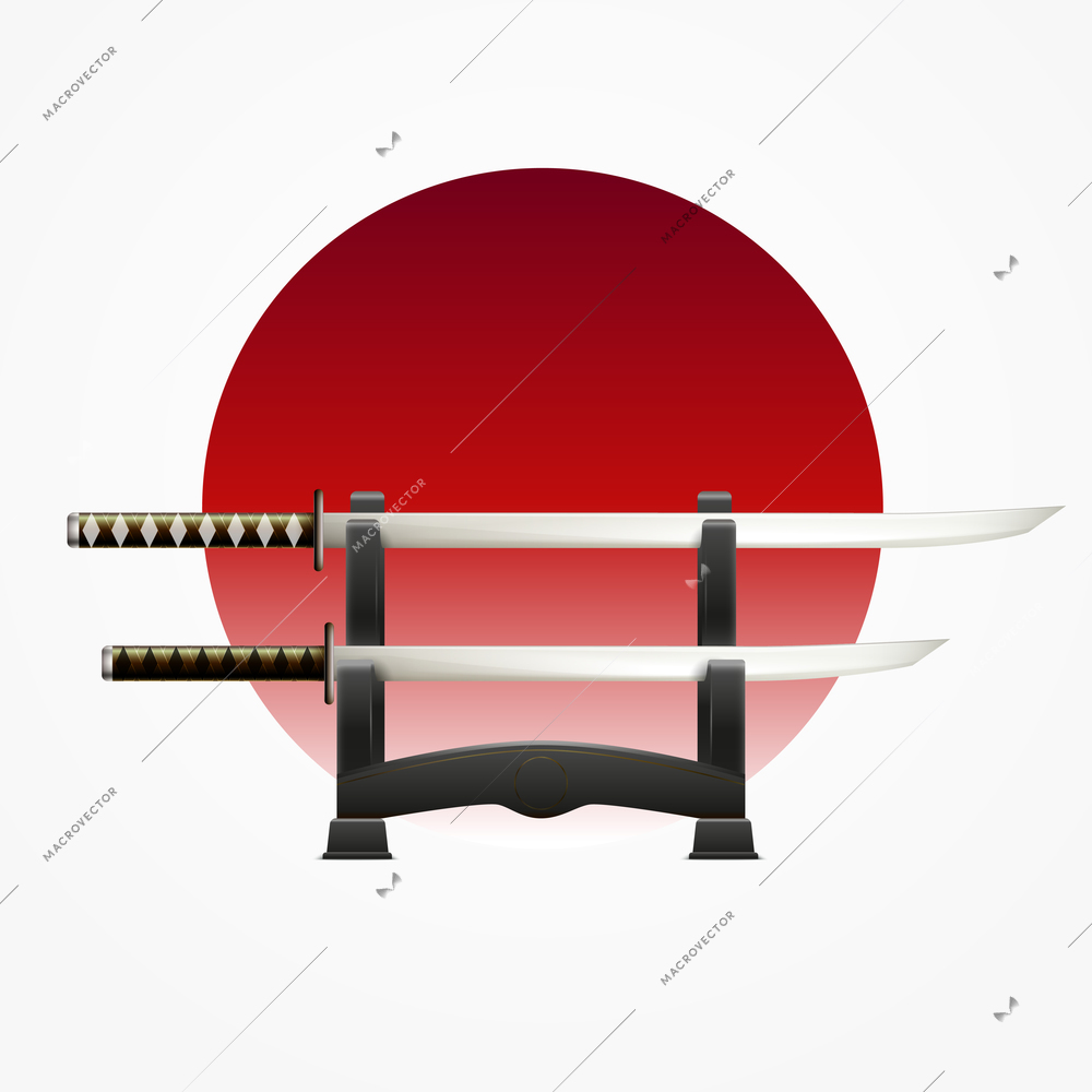 Japanese culture history with matched pair traditional swords against red circle white background flag realistic vector illustration