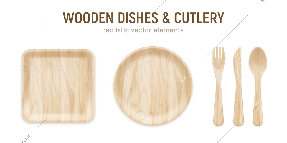 Zero waste realistic ecological wooden kitchen set with square dish round plate and cutlery vector illustration