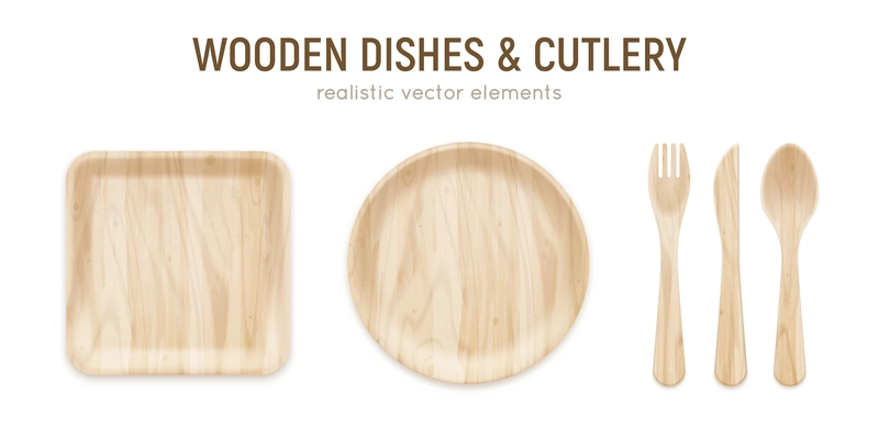 Zero waste realistic ecological wooden kitchen set with square dish round plate and cutlery vector illustration