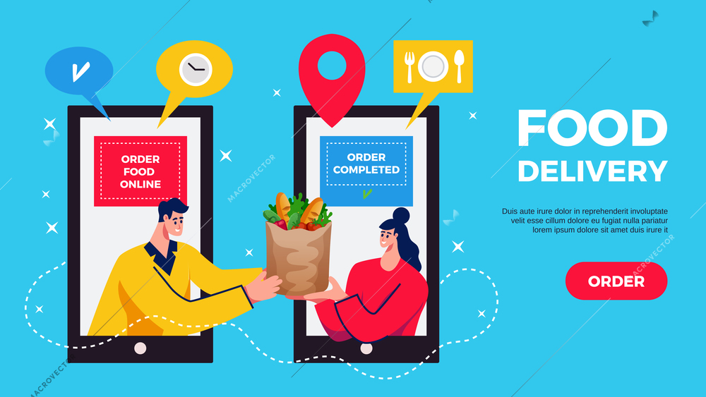 Food delivery horizontal banner with online shopping app in smartphone consumer and courier characters flat vector illustration
