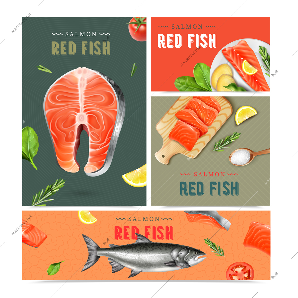 Red fish realistic banners set of living fish and dish made from salmon isolated vector illustration