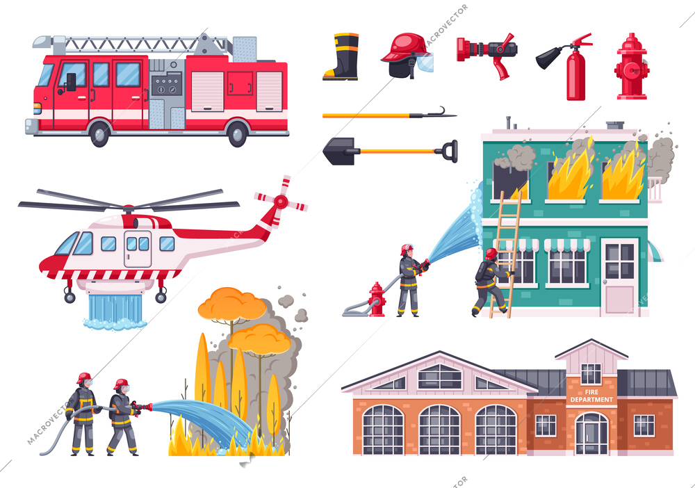 Firefighters cartoon icons collection with isolated compositions of fire fighting vehicles equipment burning houses and trees vector illustration