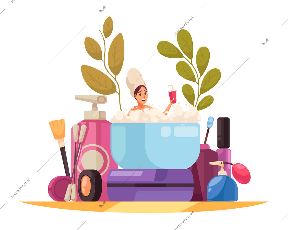 Makeup beautician stylist composition of female cosmetic product packages and woman flat character in foam bath vector illustration