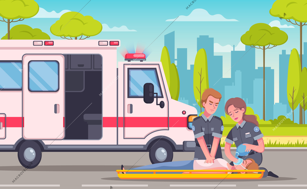 Paramedic emergency ambulance cartoon composition with urban landscape medical car and group of doctors with victim vector illustration