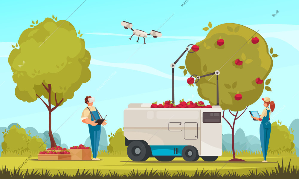 Smart farm composition with outdoor garden landscape with human characters and remotely controlled robots gathering apples vector illustration