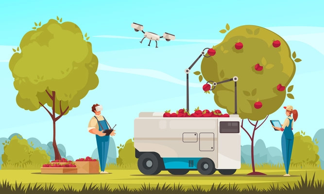 Smart farm composition with outdoor garden landscape with human characters and remotely controlled robots gathering apples vector illustration