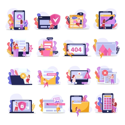 Computer users set of isolated flat icons with human characters and electronic gadgets laptops and smartphones vector illustration