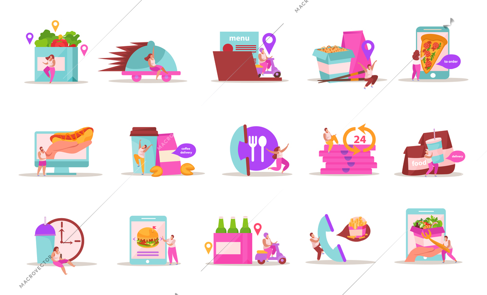 Food delivery flat recolor set of isolated icons pictogram signs and human characters with meal images vector illustration