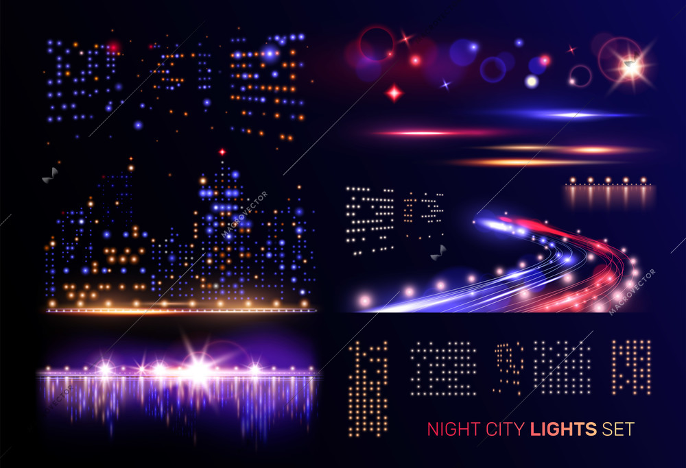 Night city lights set with flashing windows of high buildings motorway car headlights and river bridges vector illustration