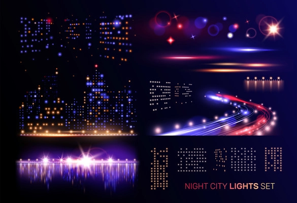 Night city lights set with flashing windows of high buildings motorway car headlights and river bridges vector illustration