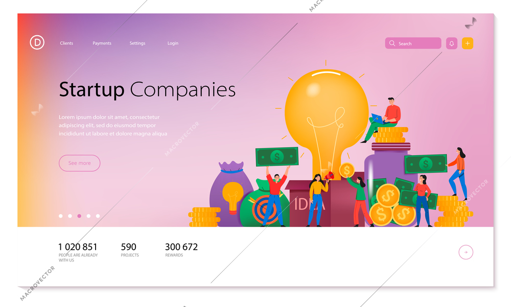 Startup companies page design with crowdfunding symbols flat vector illustration