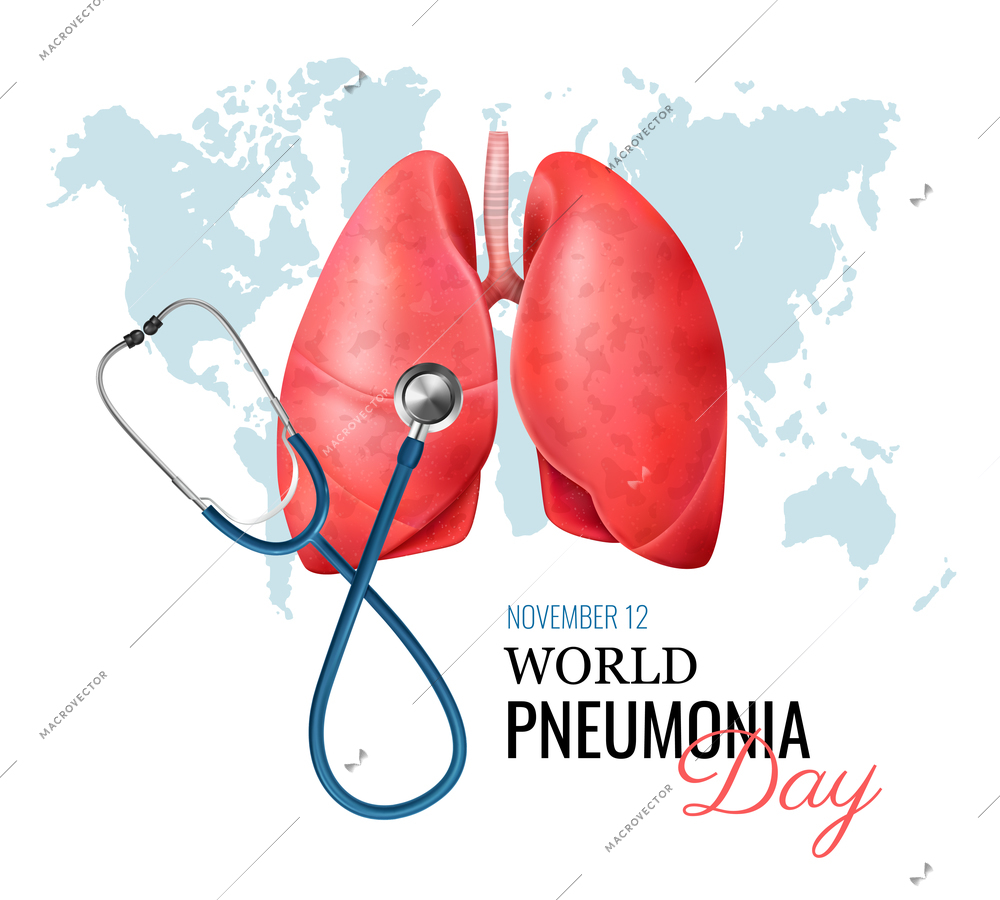 Pneumonia realistic concept with world problem day symbols vector illustration