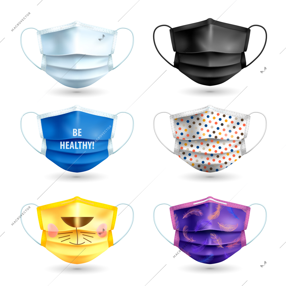 Medical mask realistic creative color set isolated vector illustration