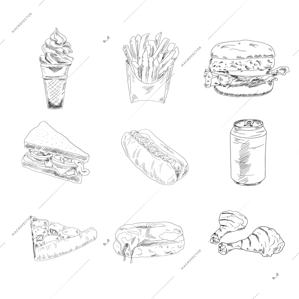 Set of sketch doodles hamburger fast food hot dog pizza icons in black vector illustration