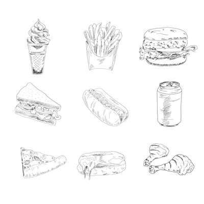 Set of sketch doodles hamburger fast food hot dog pizza icons in black vector illustration