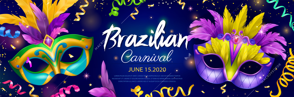 Realistic carnival mask horizontal poster with brazilian carnival headline and event date vector illustration