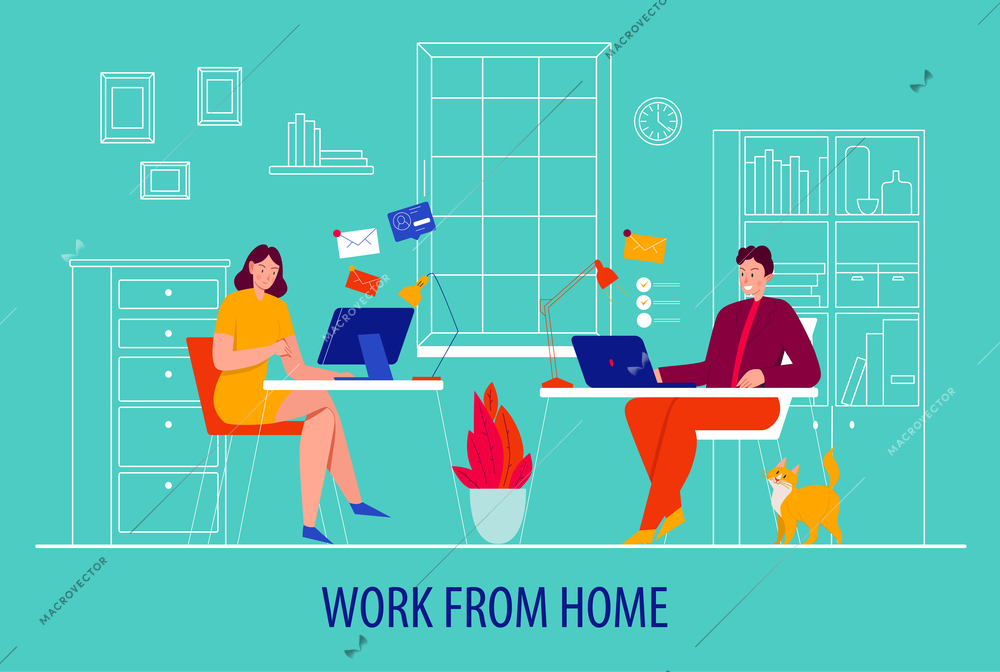 Home office freelance composition with couple at home and work from home descriptions vector illustration