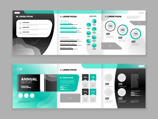 Trifold brochure cover design set for business reports with abstract pattern isolated on grey background flat vector illustration