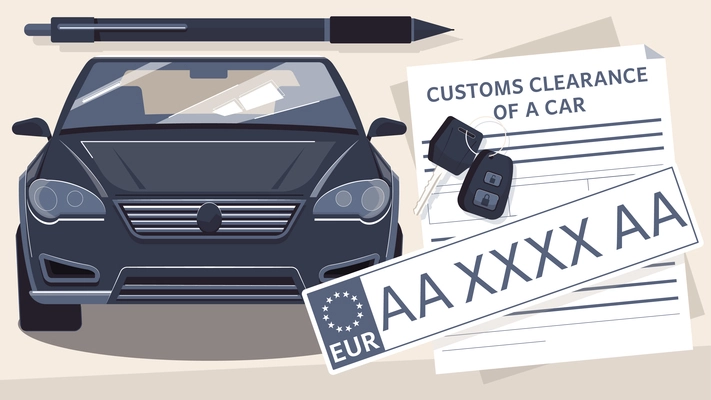 Car registration flat composition with images of automobile with european license plate and customs clearance agreement vector illustration