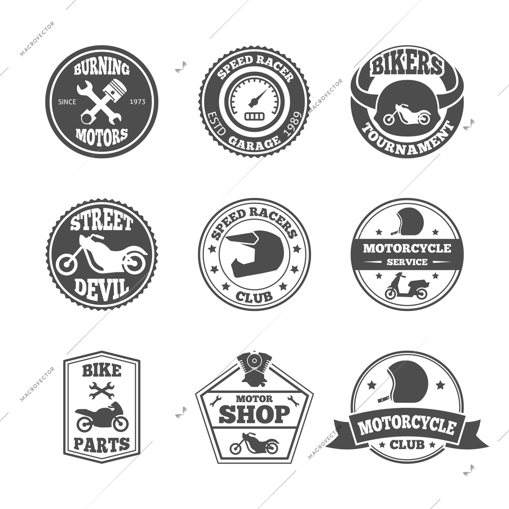 Speed race bikers garage repair service emblems and motorcycling clubs tournament labels collection isolated vector illustration