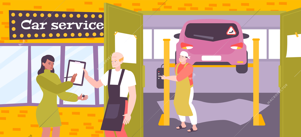 Service car station woman flat composition with flat human characters of female client and motor mechanic vector illustration