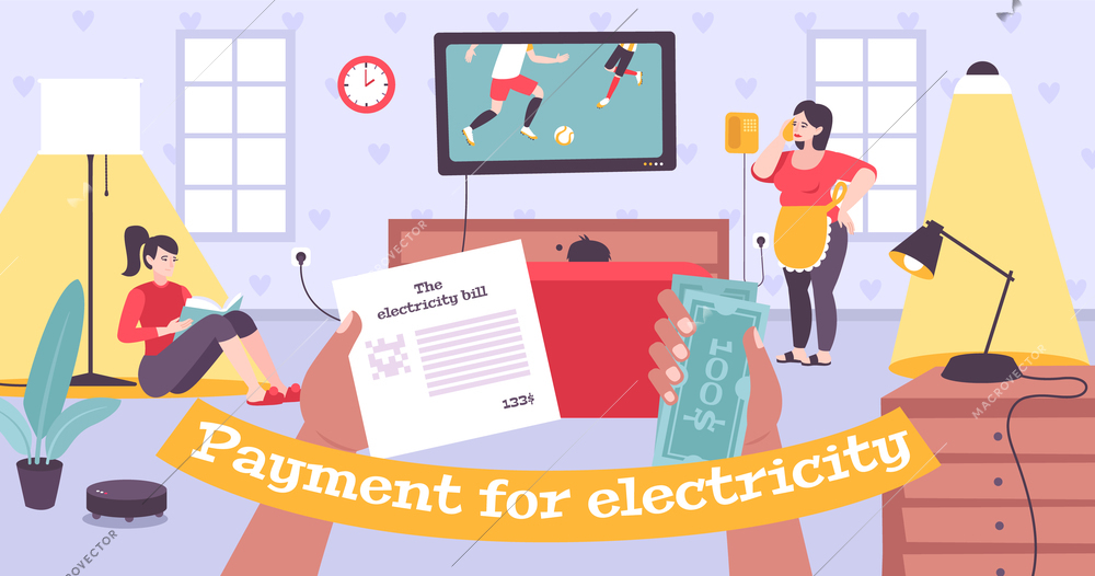 Payment electricity flat composition with hands holding bill money and home background with working electric devices vector illustration