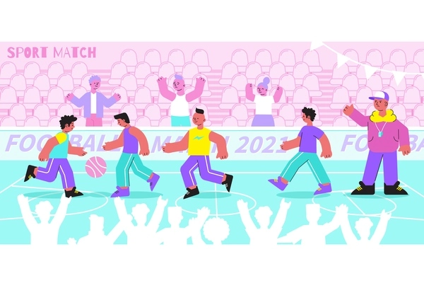 School sport flat composition with football soccer match game in college stadium with pupils fans vector illustration