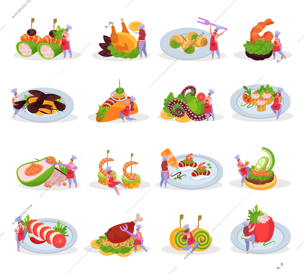 Collection of isolated professional kitchen flat icons and images of various dishes with characters of cooks vector illustration