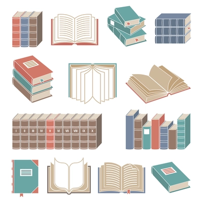 Open and closed book decorative icons color set isolated vector illustration.