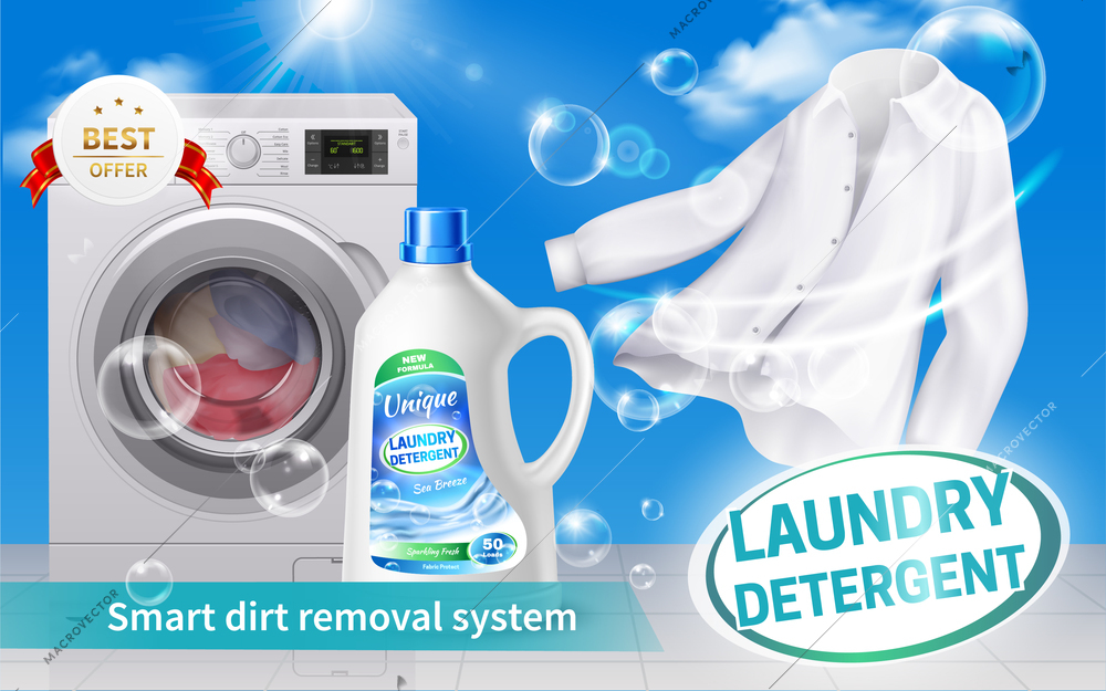 Laundry detergent realistic horizontal composition with white shirt washed with this product vector illustration