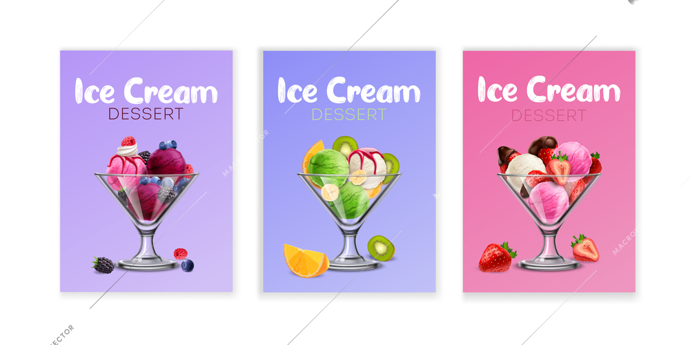 Delicious fresh fruits ice cream balls desert 3 realistic background posters with strawberry orange blueberry vector illustration