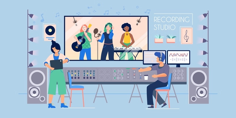Recording studio flat composition with indoor view of music record label with sound engineer and band vector illustration
