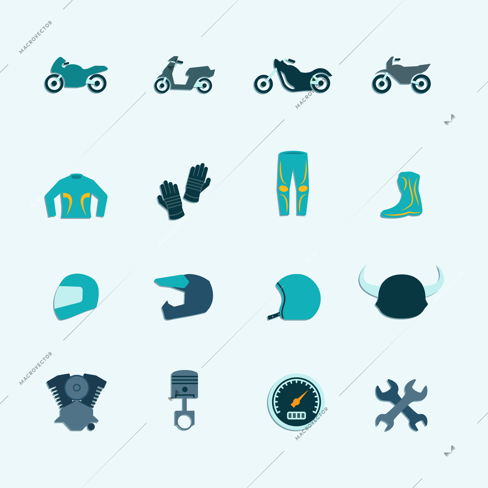 Biker street riding style accessories selection flat icons set with helmet jacket boots accessories isolated vector illustration