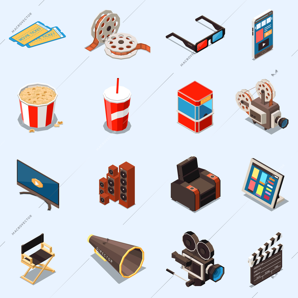 Cinema isometric icons collection with isolated images of filming equipment tickets and reel on blank background vector illustration