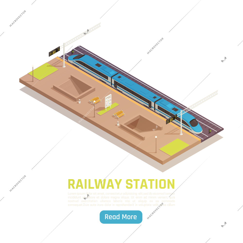 Train railway station isometric background with text and read more button with platform and regional express vector illustration