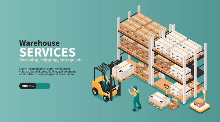 Warehouse industrial space storage pick pack orders shipping delivering logistic services isometric landing page banner vector illustration